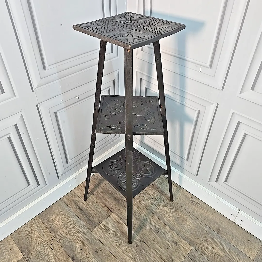 Antique Plant Stand Table Arts & Crafts Three Tier Carved Display Ebonised Wood