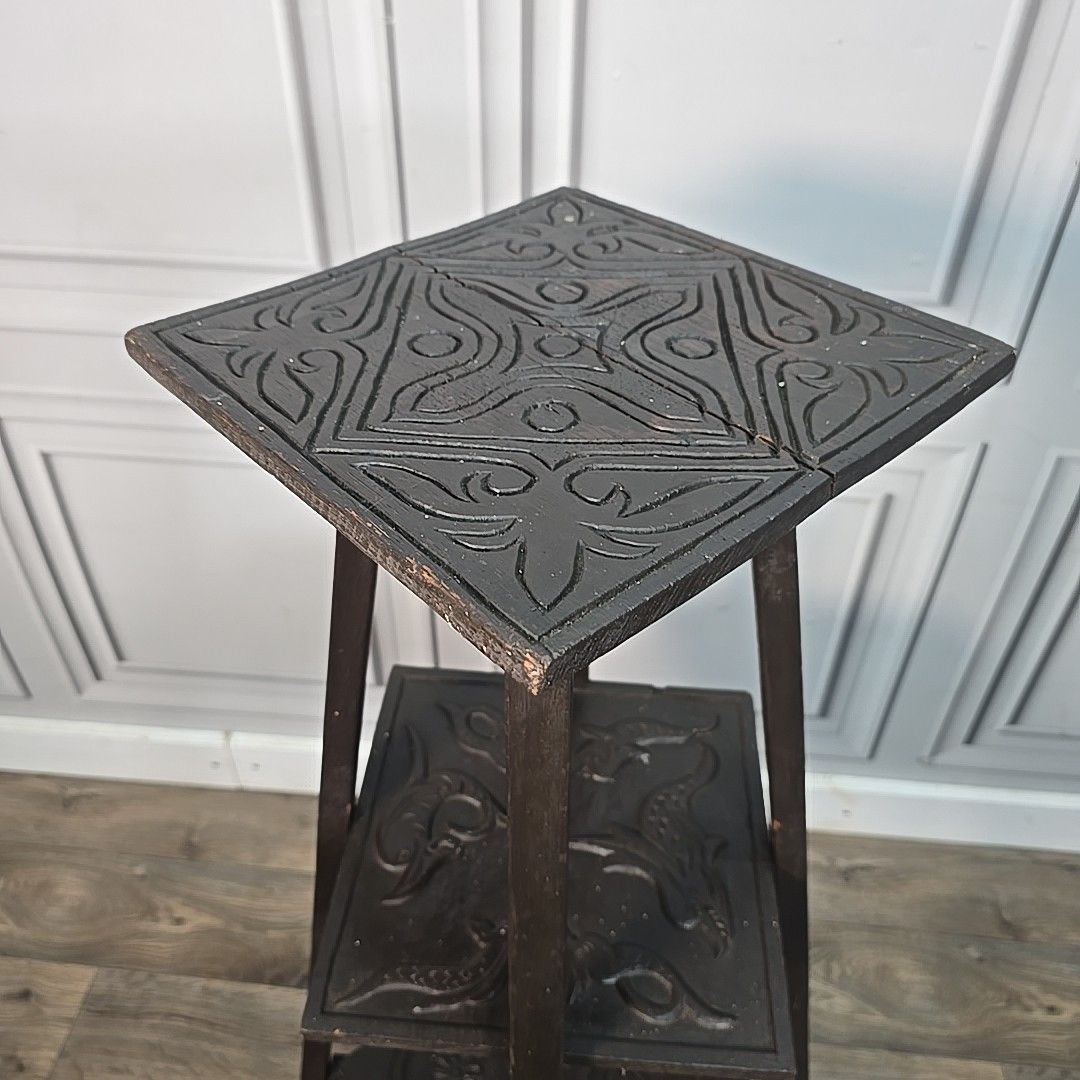 Antique Plant Stand Table Arts & Crafts Three Tier Carved Display Ebonised Wood photo 130.0
