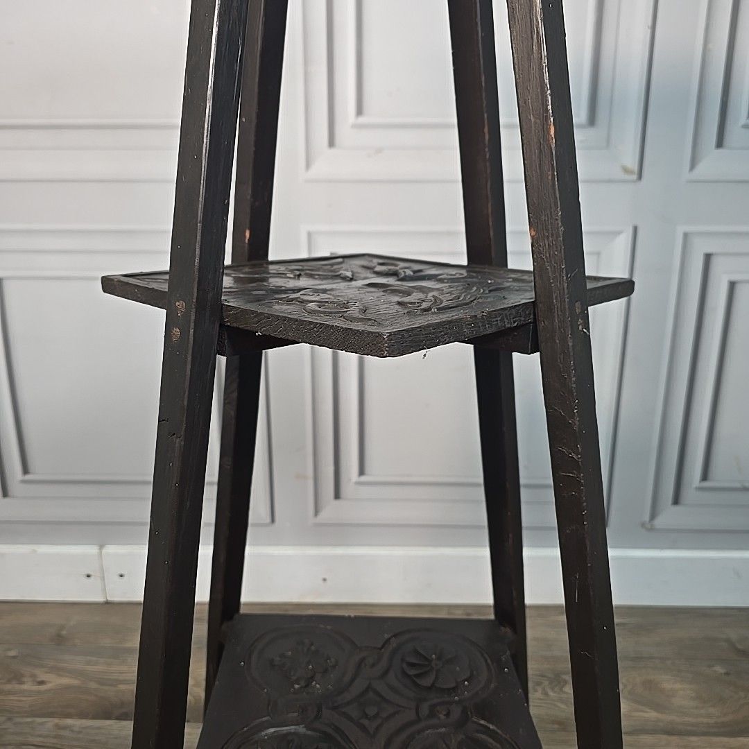 photo furniture Antique Plant Stand Table Arts & Crafts Three Tier Carved Display Ebonised Wood
