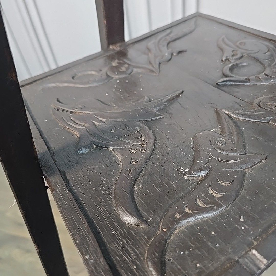 Home Decor Antique Plant Stand Table Arts & Crafts Three Tier Carved Display Ebonised Wood photo