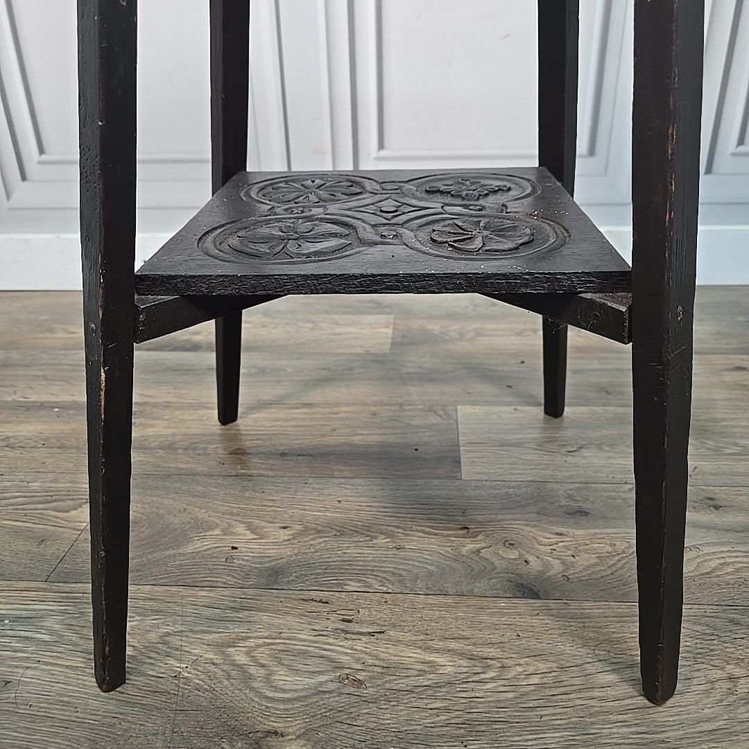 photo buy Antique Plant Stand Table Arts & Crafts Three Tier Carved Display Ebonised Wood