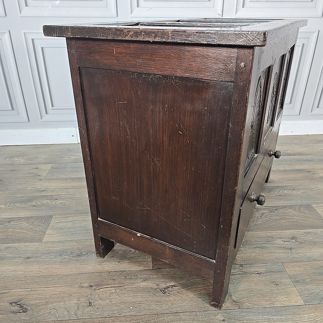 Antique Oak Coffer Storage Trunk Chest – Carved Panels – Box Drawers Jacobean photo 270.0