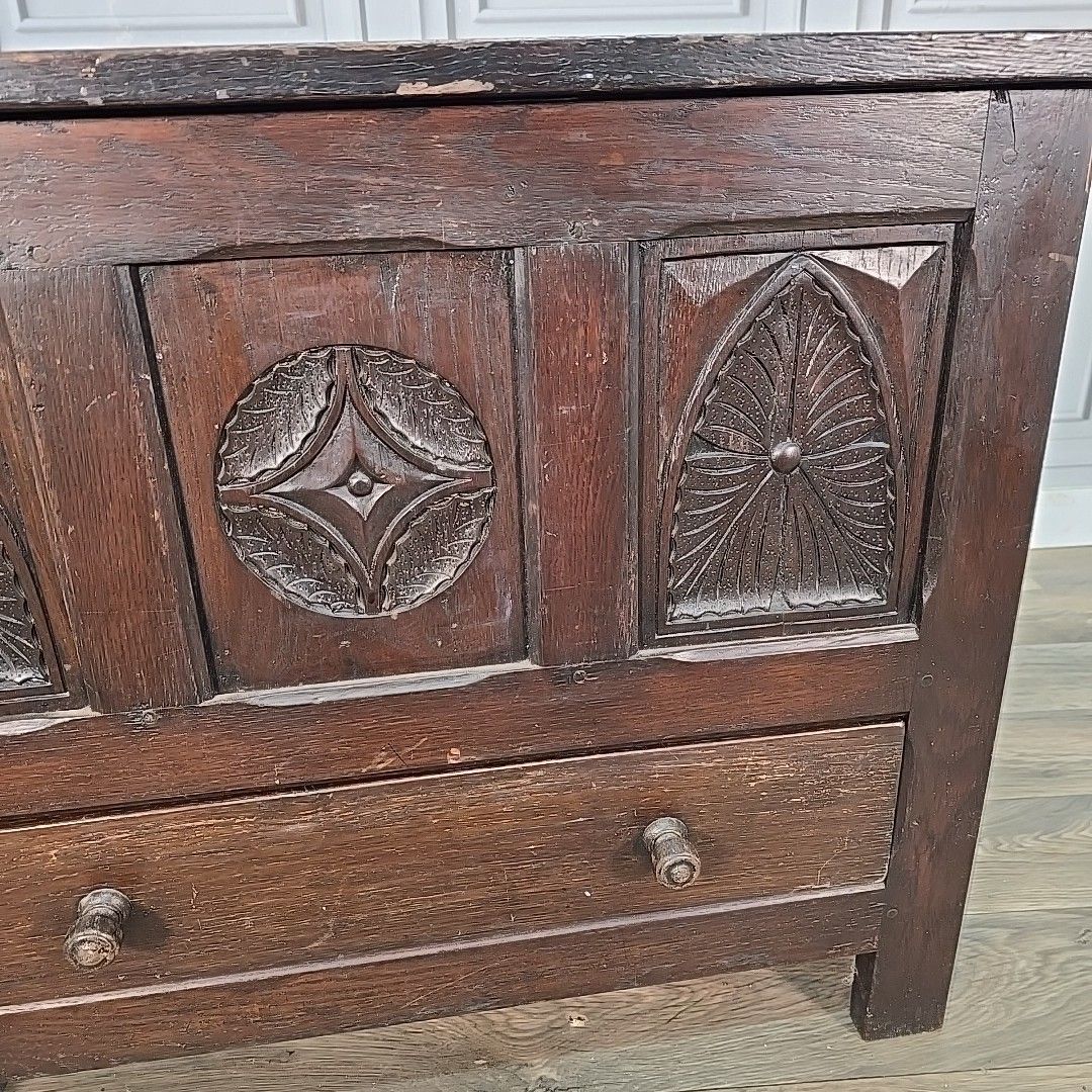 Antique Oak Coffer Storage Trunk Chest – Carved Panels – Box Drawers Jacobean photo vintage