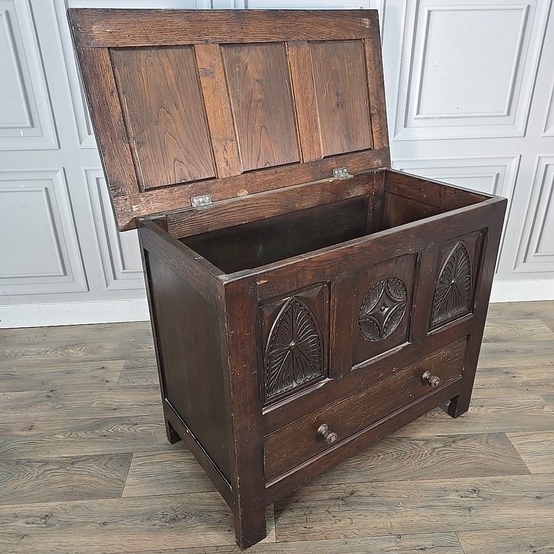 photo buy Antique Oak Coffer Storage Trunk Chest – Carved Panels – Box Drawers Jacobean