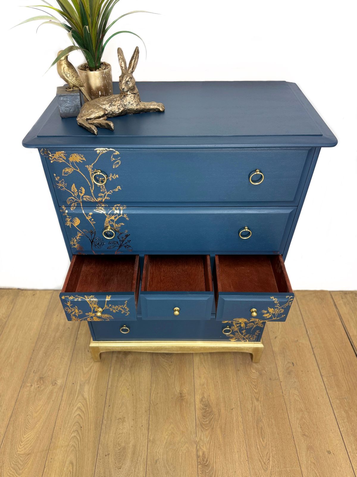 Refinished Stag Minstrel Tallboy Chest Of Drawers In Navy Blue With Gold Foil Floral Bird Design photo buy