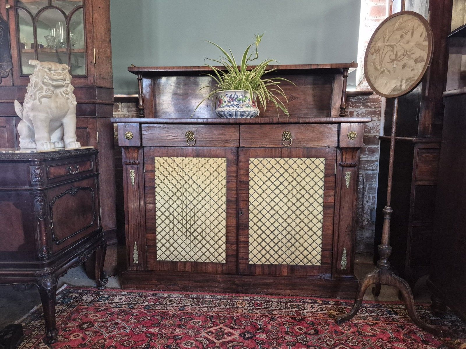 A Regency Rosewood Boho Credenza  Sideboard Circa Lions Head Brass Trellis C1820 photo furniture