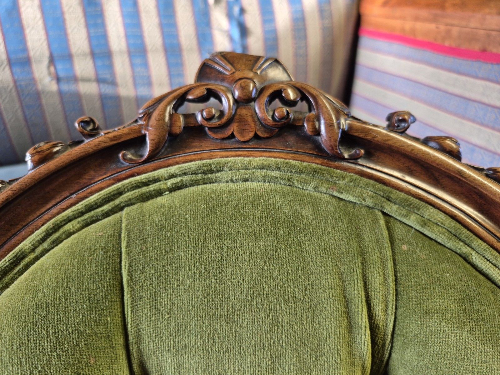 Epic Boho Green Velvet Early Victorian Carved Nursing Boudoir Chair On Castors photo vinterior