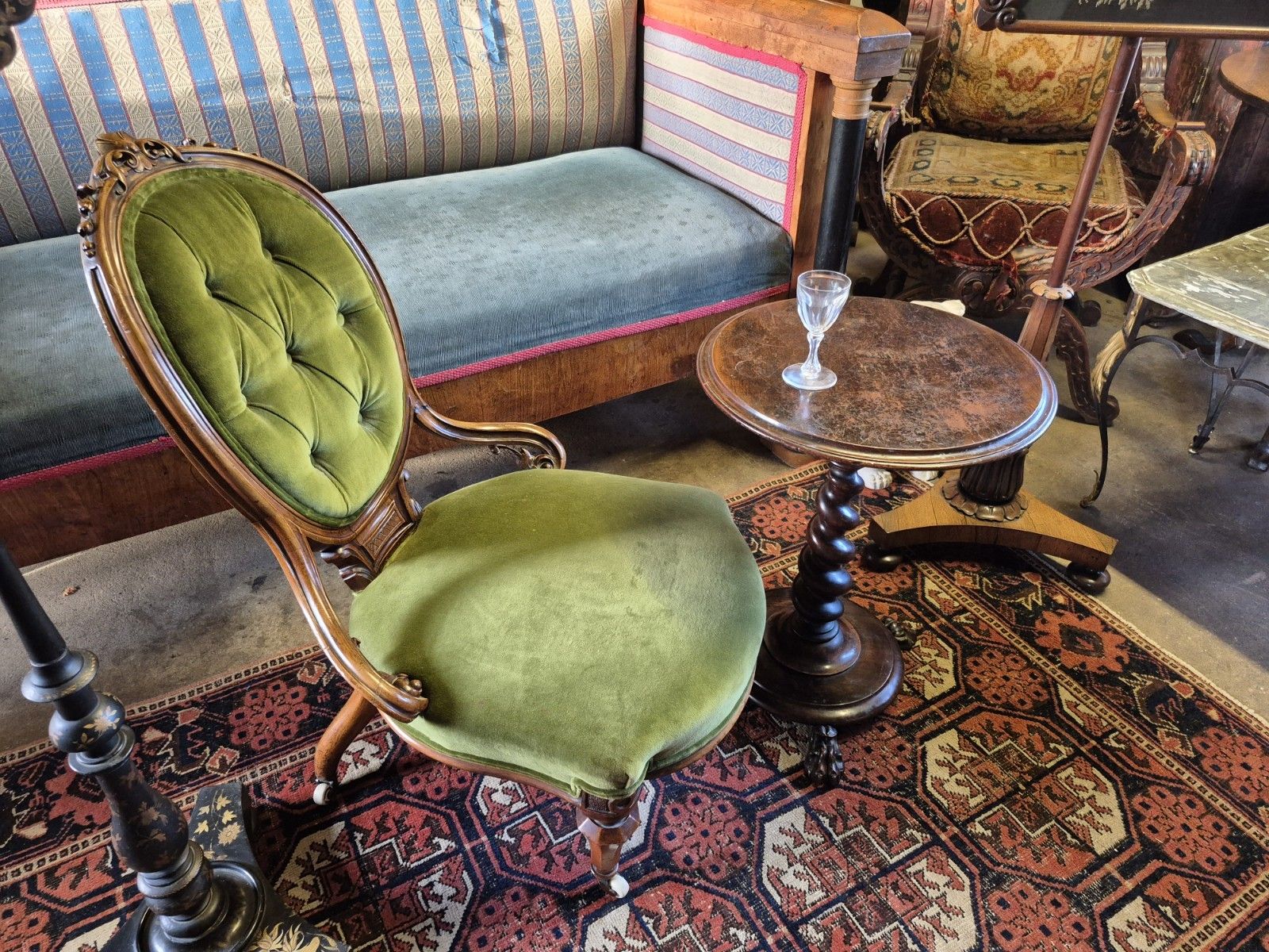 Furniture Epic Boho Green Velvet Early Victorian Carved Nursing Boudoir Chair On Castors photo