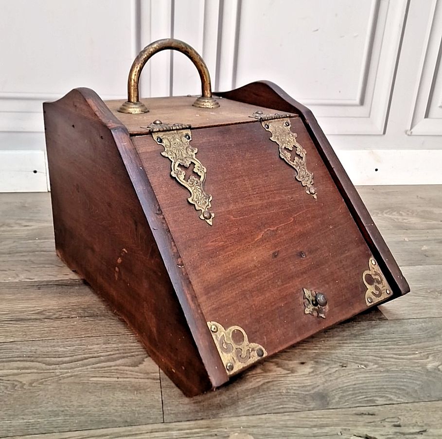 Antique Coal Scuttle   Mahogany Brass Mounted   Fireside Box Fire Log Storage