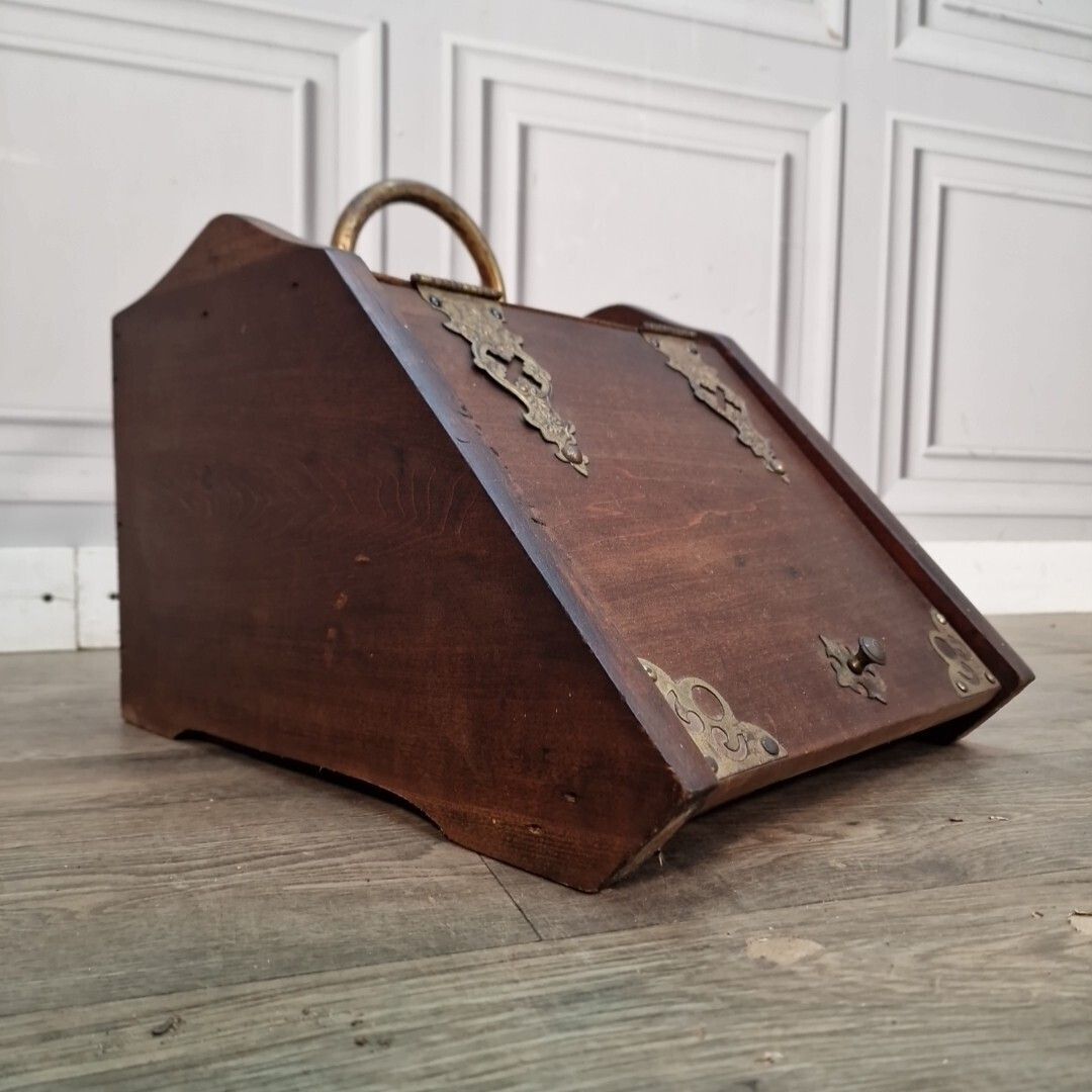Antique Coal Scuttle   Mahogany Brass Mounted   Fireside Box Fire Log Storage photo for sale
