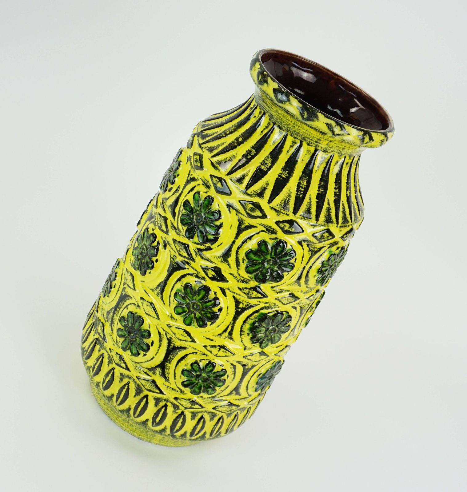 1960s Bay Ceramic Vase With Raised Floral Decoration In Green, Yellow, And Black, Model 76 40 photo furniture