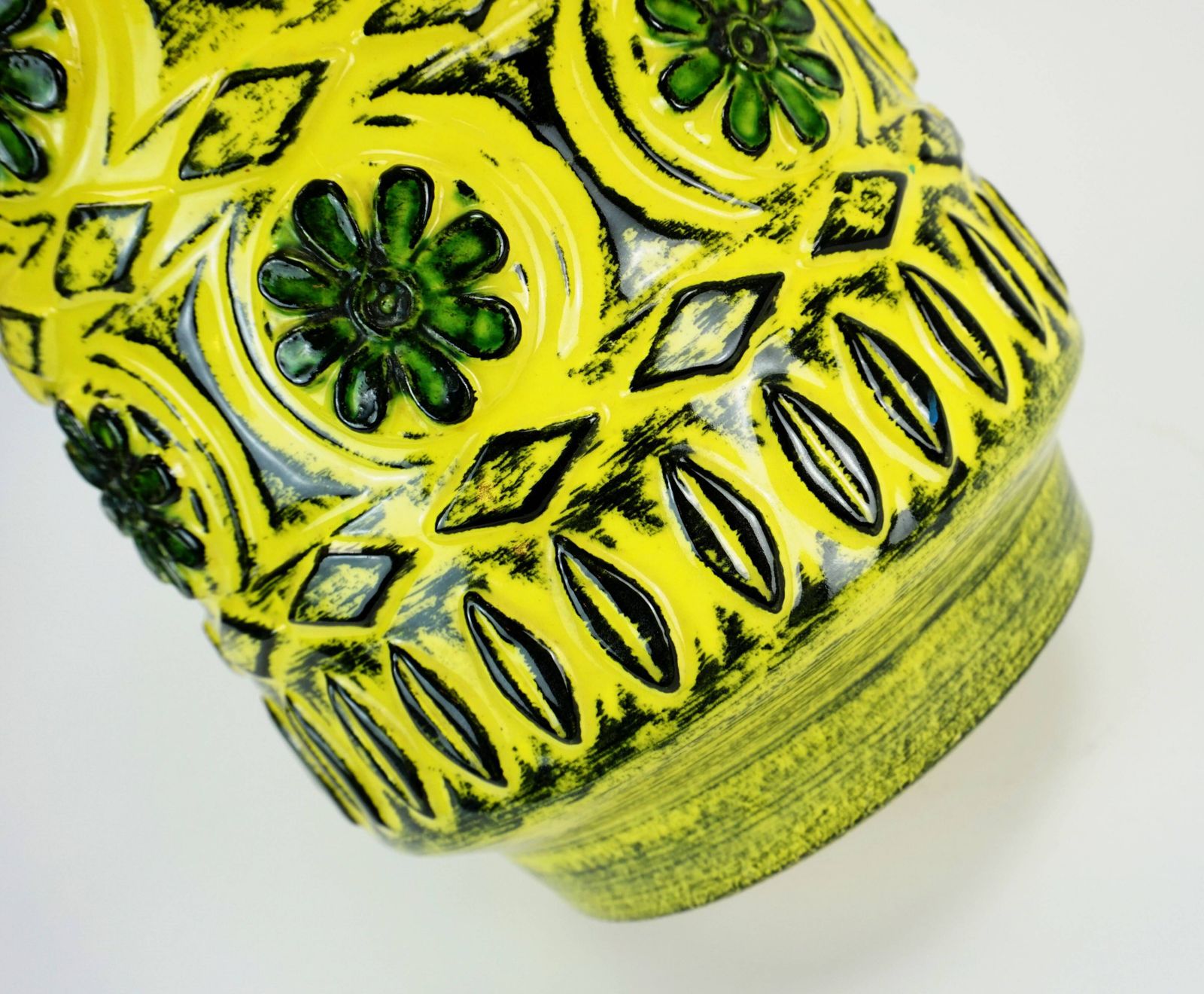 1960s Bay Ceramic Vase With Raised Floral Decoration In Green, Yellow, And Black, Model 76 40 photo 212.0