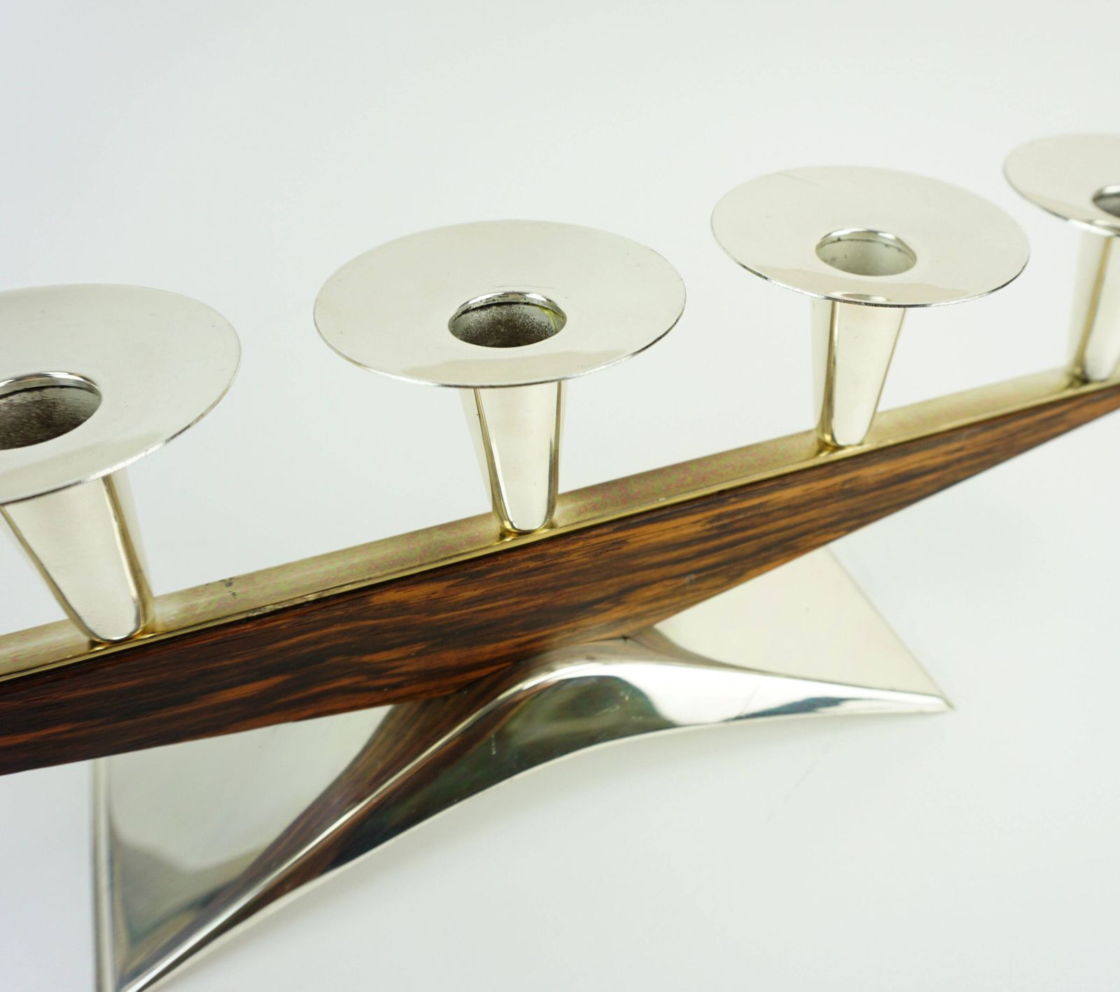 Modern Mid Century Candle Holder In Silver Plated Metal And Wood From The 1950s 1960s photo vinterior