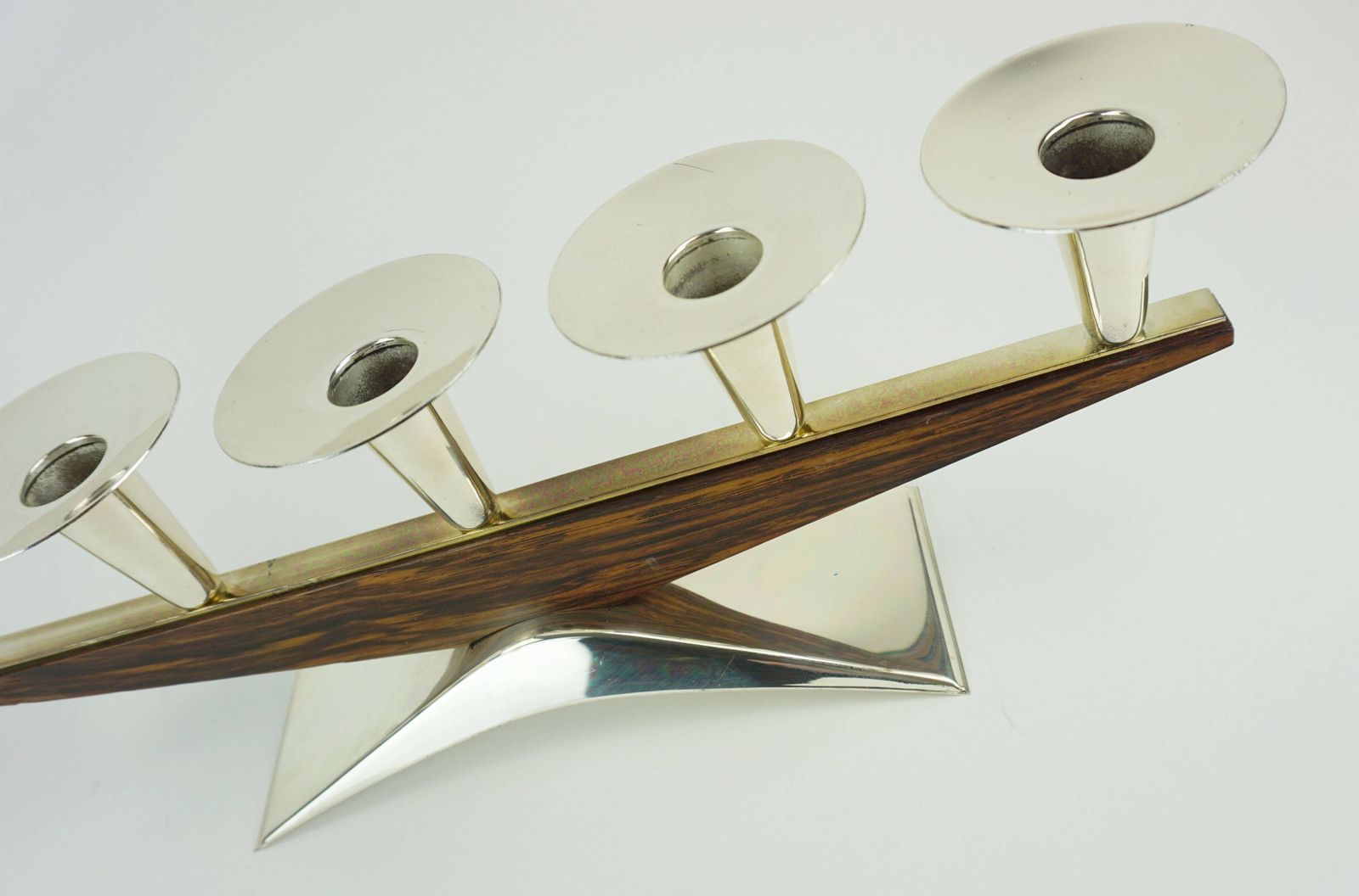 photo furniture Modern Mid Century Candle Holder In Silver Plated Metal And Wood From The 1950s 1960s