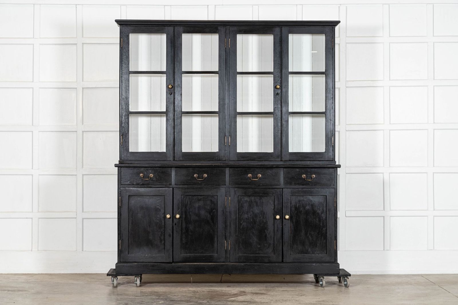 Large 19thc English Ebonised Pine Glazed Dresser