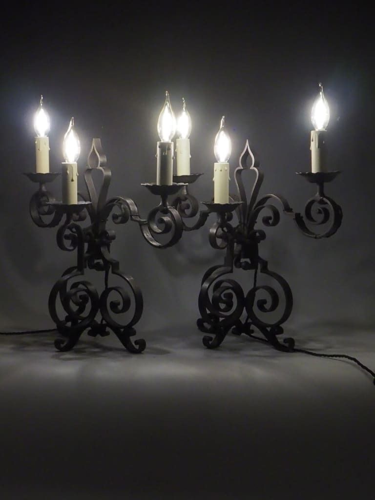 photo vinterior Pair Of Antique French Wrought Iron Mantel Or Sideboard Lamps – Triple Light Design