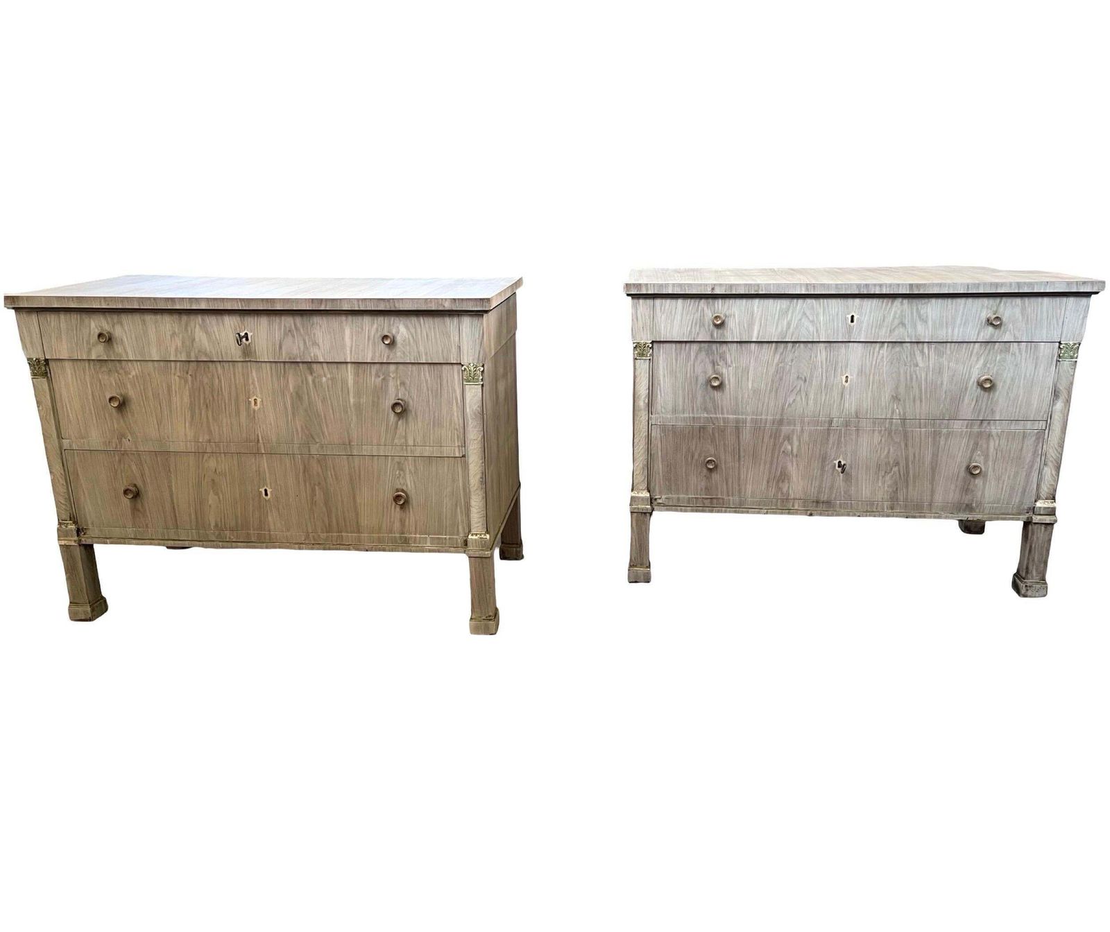 Pair Of Italian Bleached Empire Chest Of Drawers With Walnut Bookmatched Veneer