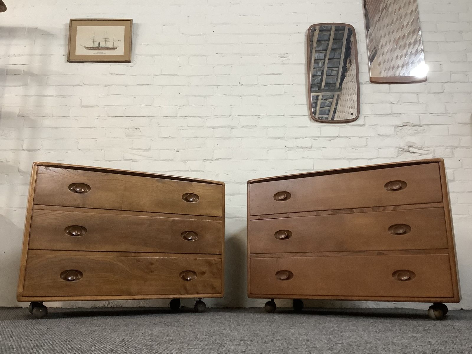 Pair Of Ercol 412 Windsor Chest Of Drawers In Natural Elm Finish.