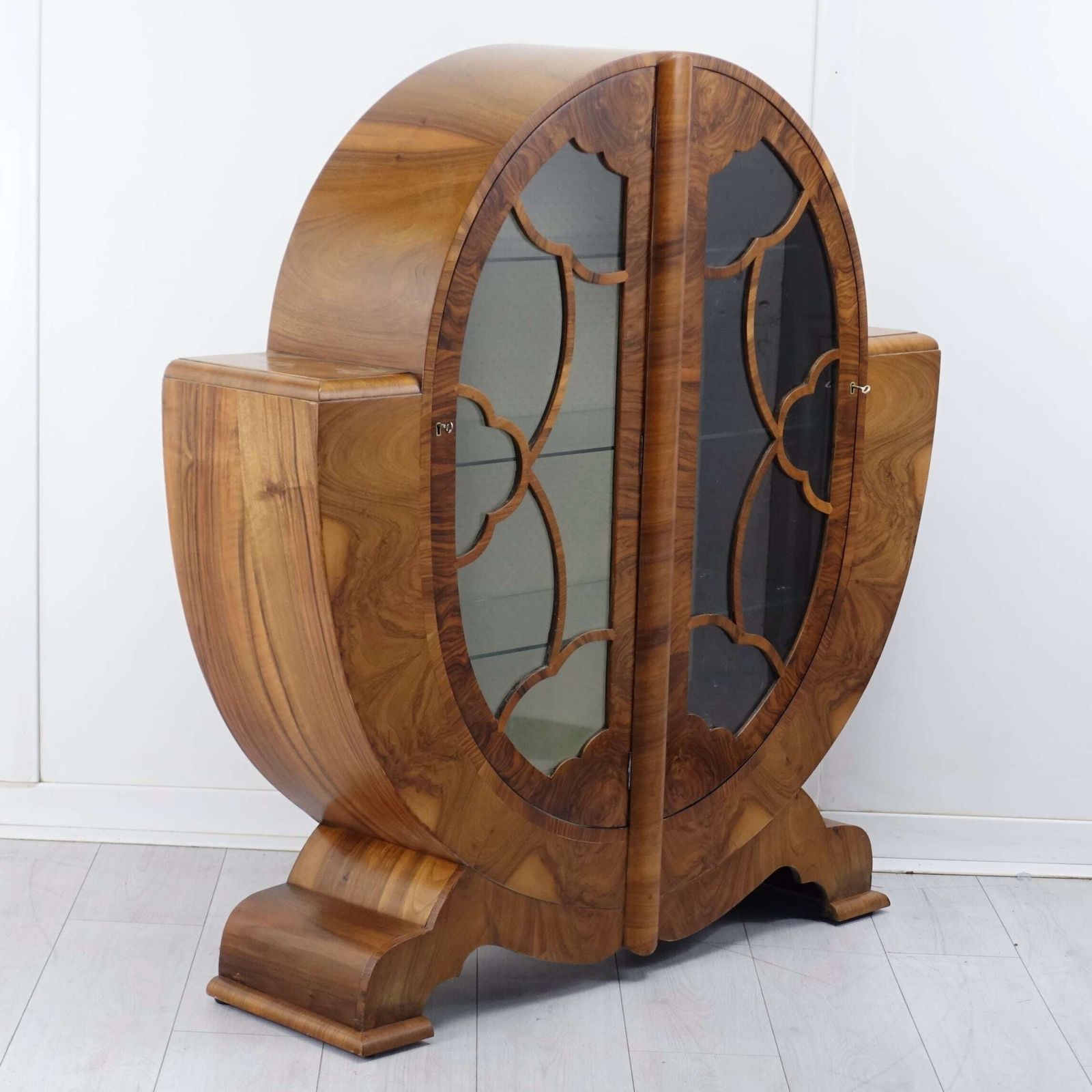 Art Deco Figured Walnut Oval Display Cabinet — English Circa 1930 photo for sale