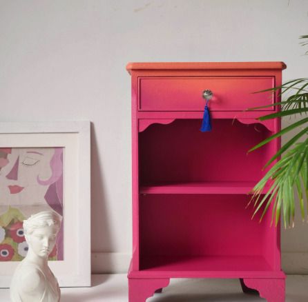 Pink Side Table   Hand Painted Bedside Vanity   Ombre, Floral Drawers