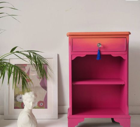 Pink Side Table   Hand Painted Bedside Vanity   Ombre, Floral Drawers photo furniture