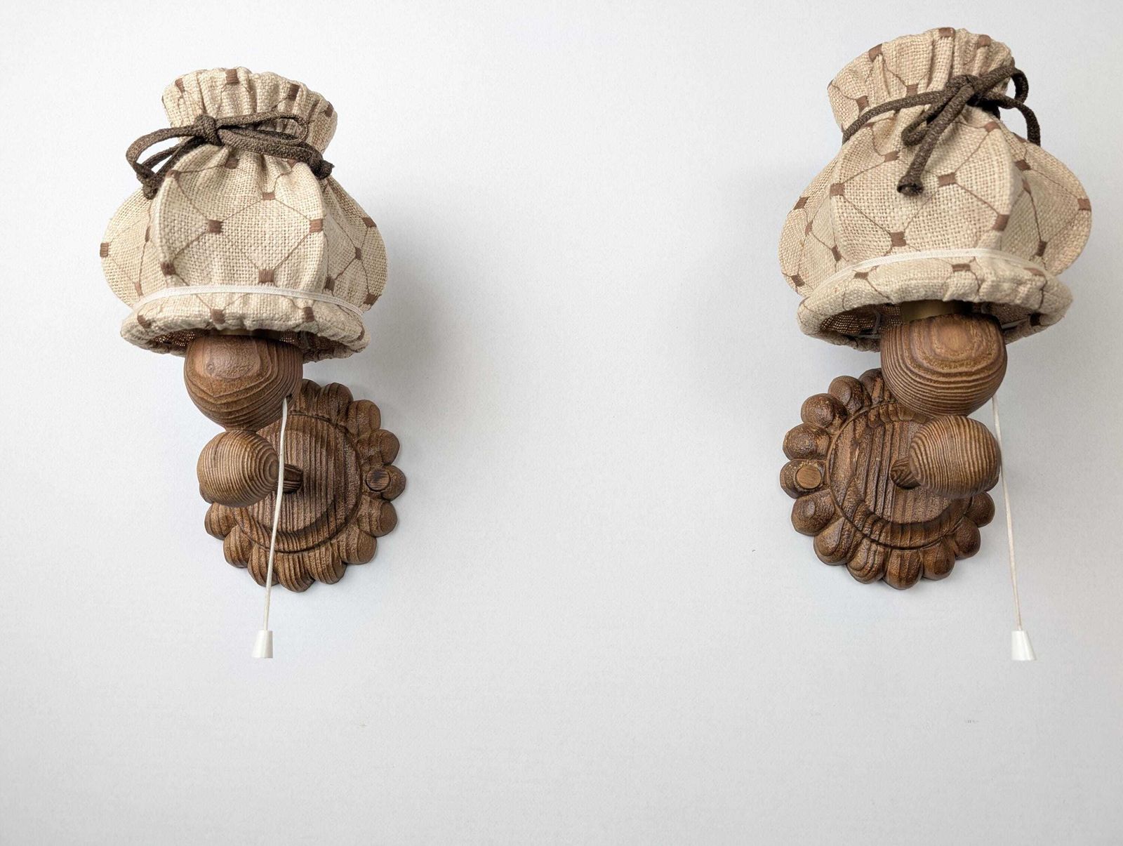 Pair Of Carved Pine Wall Sconces With Jute Shades, Swedish Design, 1970s. photo for sale