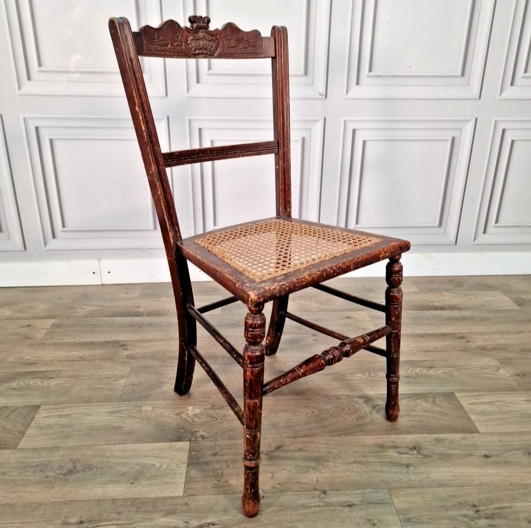 Antique Cane Bedroom Chair Carved Crest Victorian Dining Hall Seat Wooden