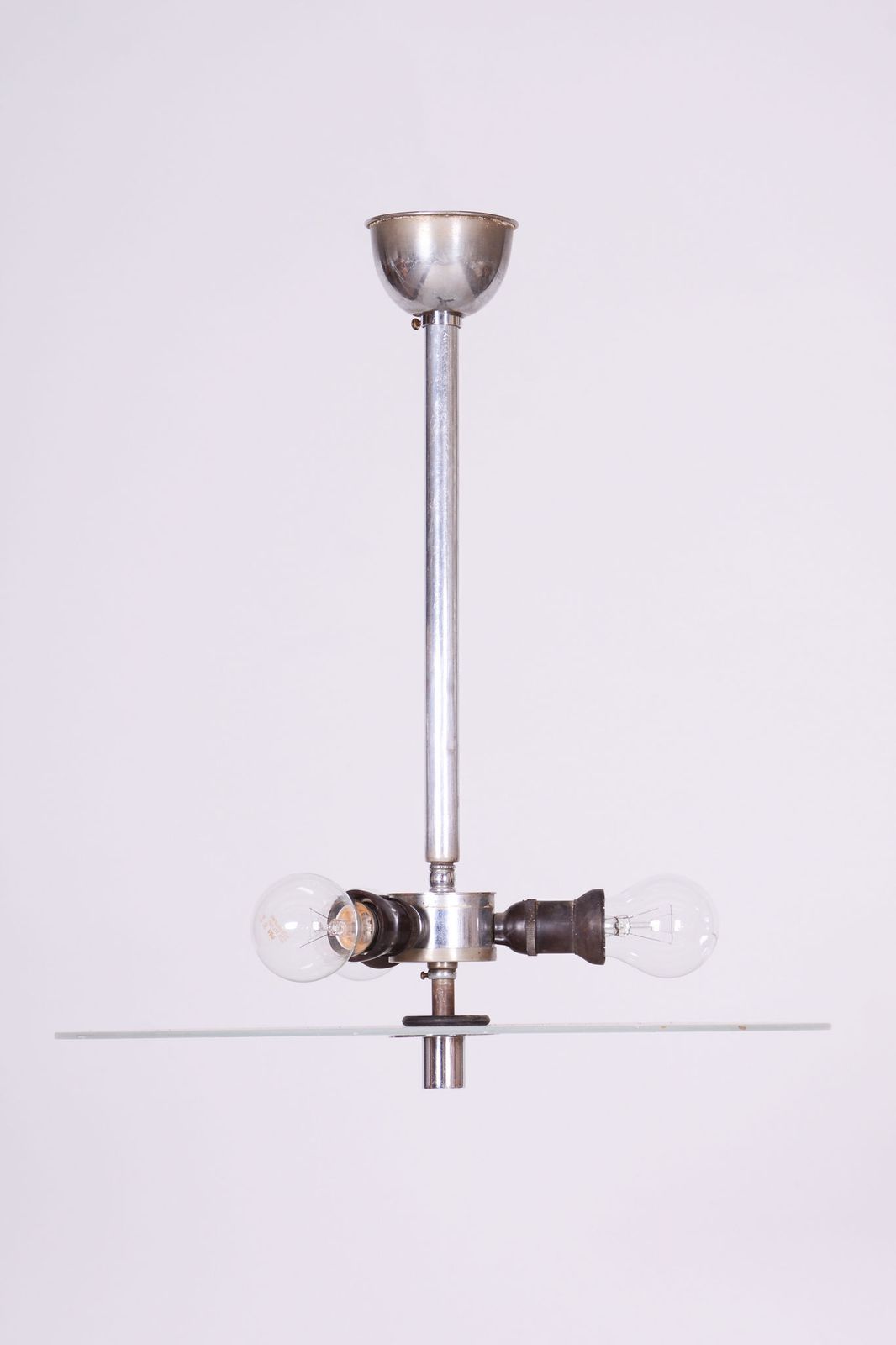 Restored Bauhaus Chandelier, Chrome Plated Steel, Frosted Glass, Czech, 1930s photo vinterior