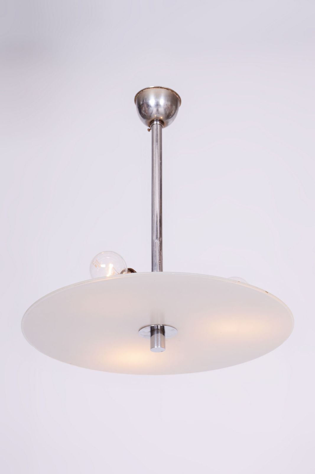 Restored Bauhaus Chandelier, Chrome Plated Steel, Frosted Glass, Czech, 1930s photo buy