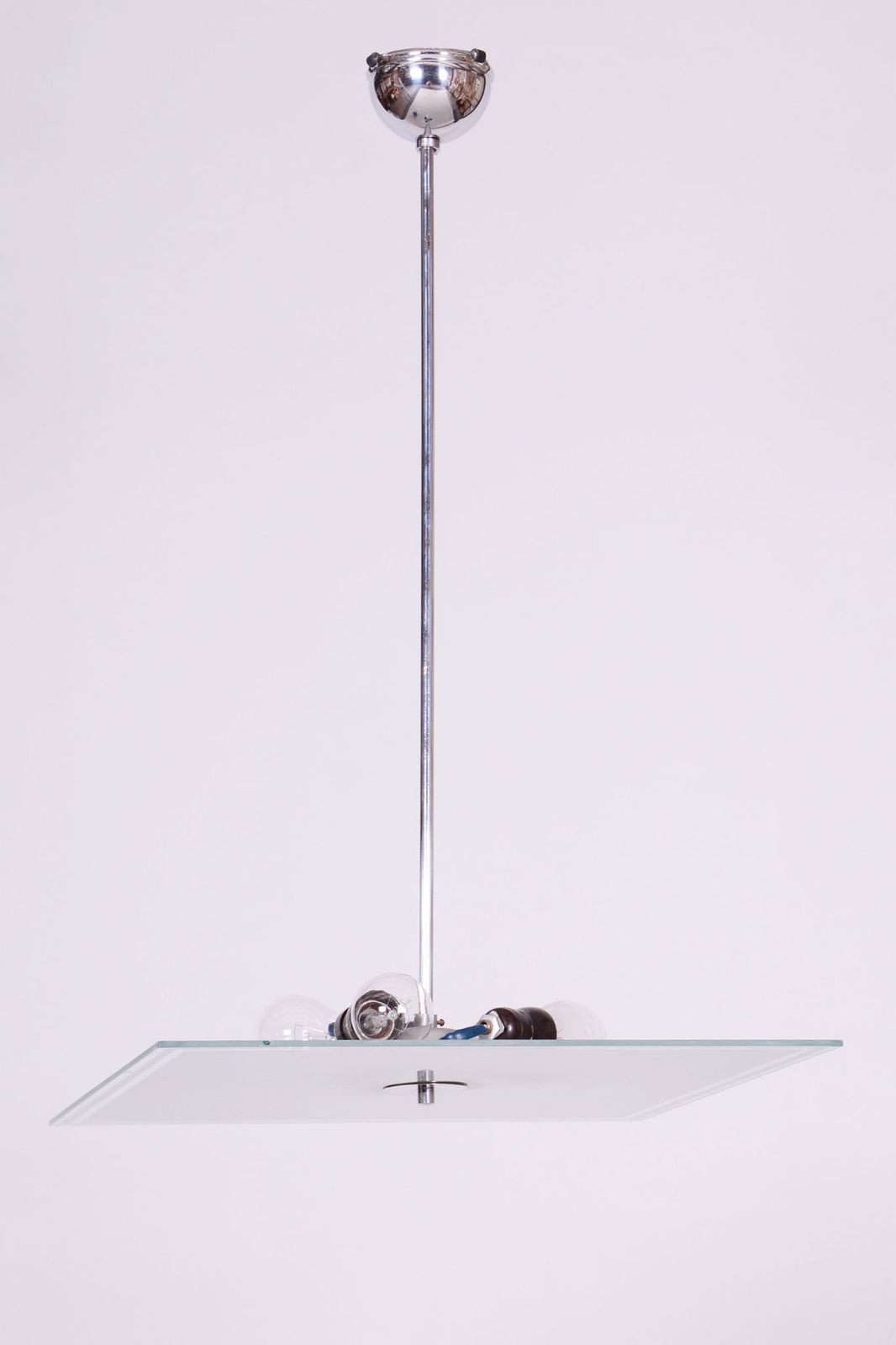 Restored Bauhaus Chandelier, Chrome Plated Steel, Frosted Glass, Czech, 1930s