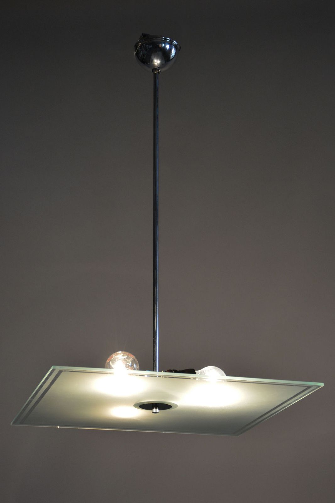 Restored Bauhaus Chandelier, Chrome Plated Steel, Frosted Glass, Czech, 1930s photo vintage
