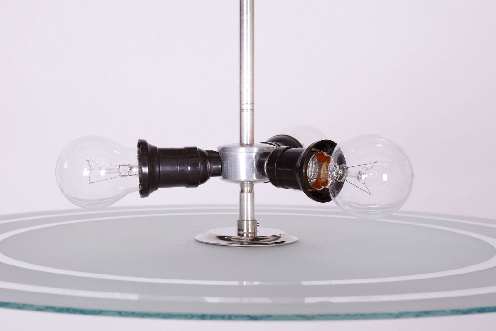 Restored Bauhaus Chandelier, Chrome Plated Steel, Milk Glass, Czech, 1930s photo Lighting