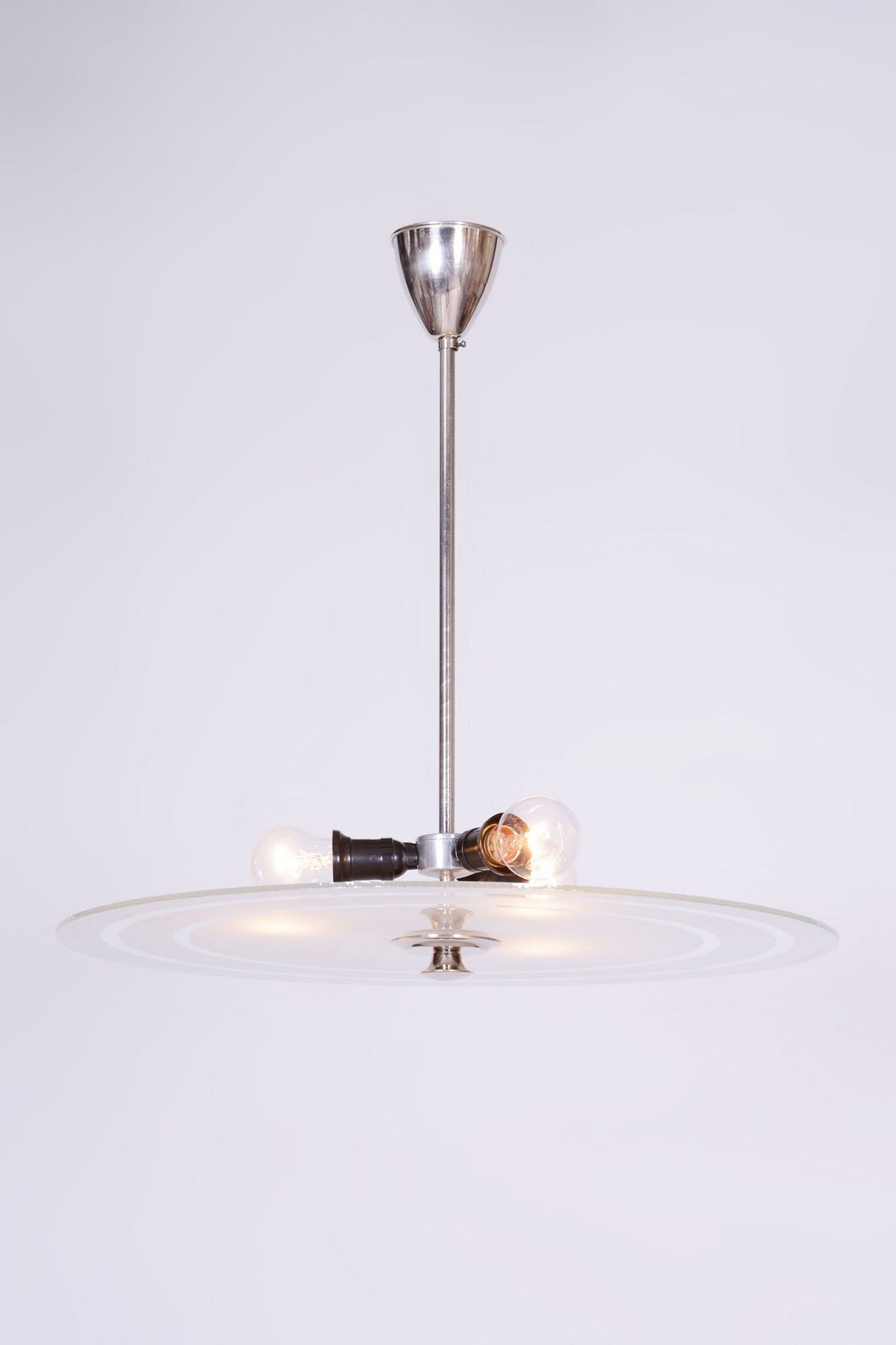 Restored Bauhaus Chandelier, Chrome Plated Steel, Milk Glass, Czech, 1930s photo buy