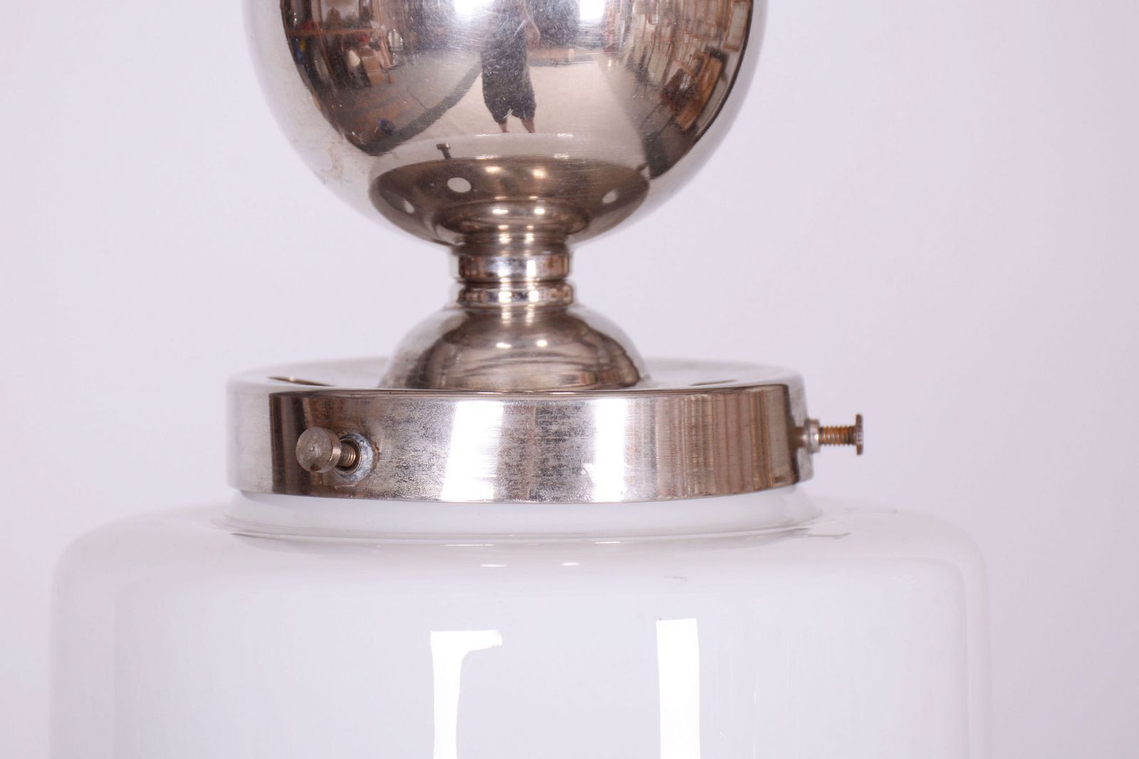 Restored Bauhaus Chandelier, Chrome Plated Steel, Opaline Glass, Czech, 1930s photo for sale