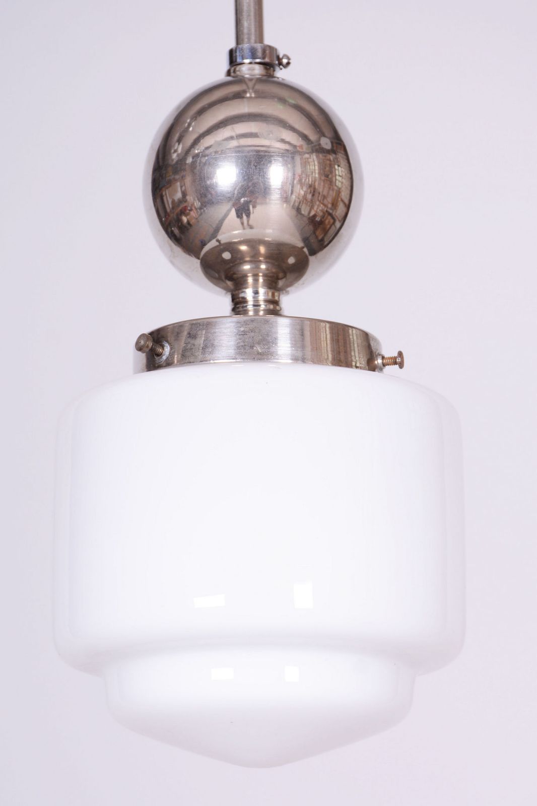 Restored Bauhaus Chandelier, Chrome Plated Steel, Opaline Glass, Czech, 1930s photo 650.0
