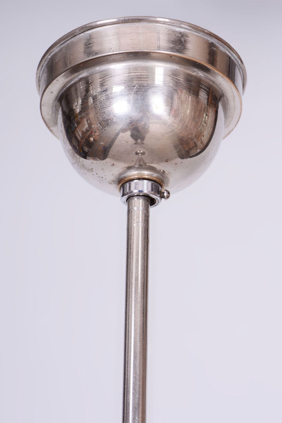 Restored Bauhaus Chandelier, Chrome Plated Steel, Opaline Glass, Czech, 1930s photo vinterior
