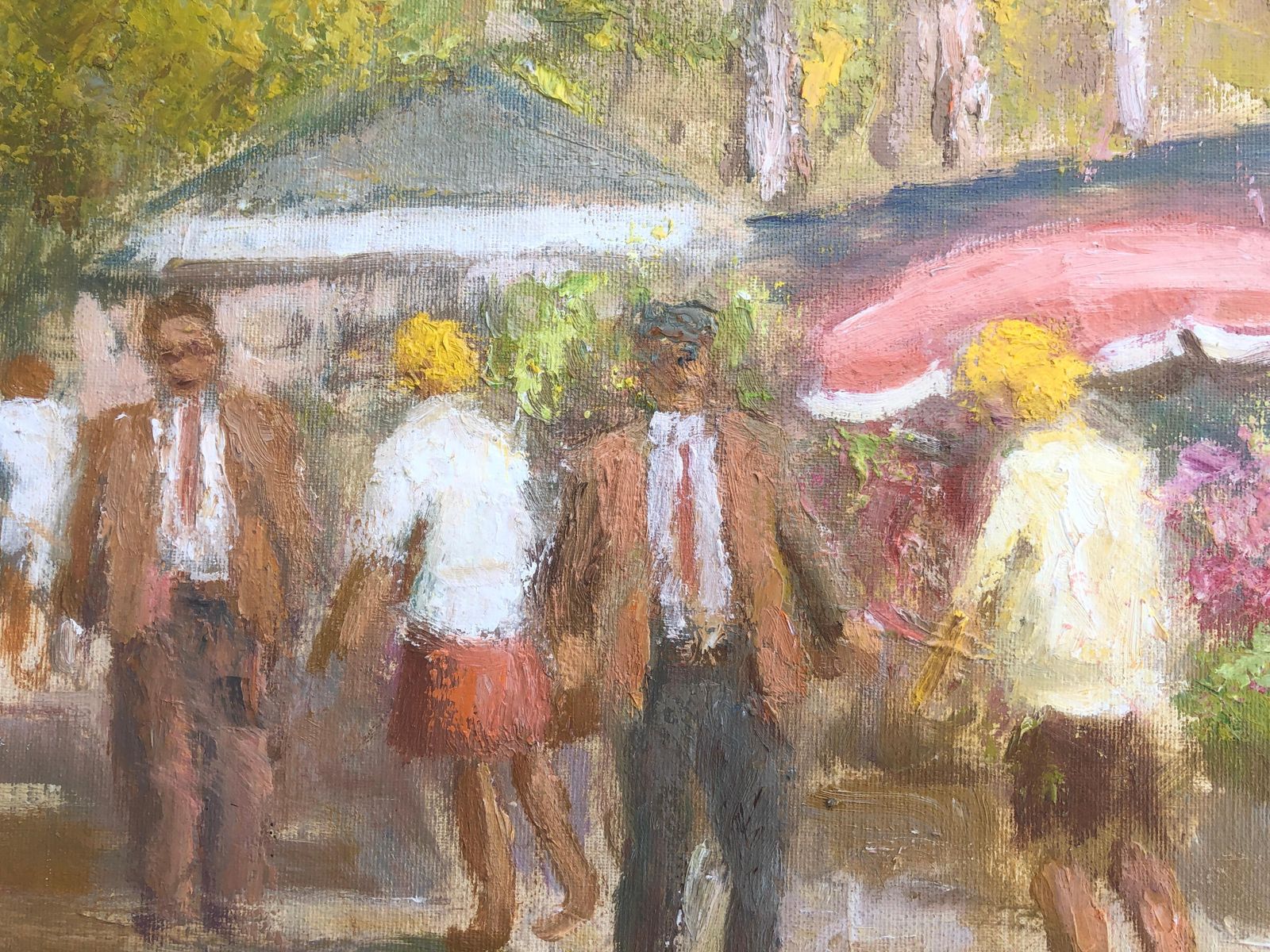 Francisco Carbonell Massabe Barcelona Las Ramblas Flower Market Oil Painting Impressionist Street Scene C.1995 photo for sale