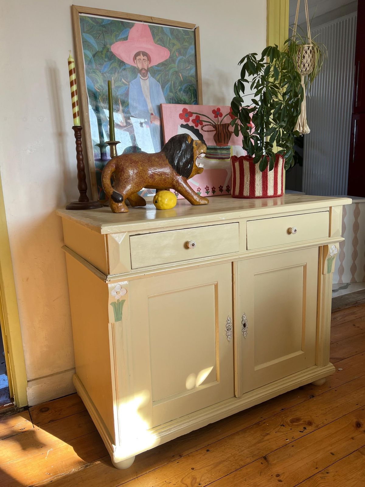 Beautiful Antique Yellow Painted Country Cupboard photo furniture