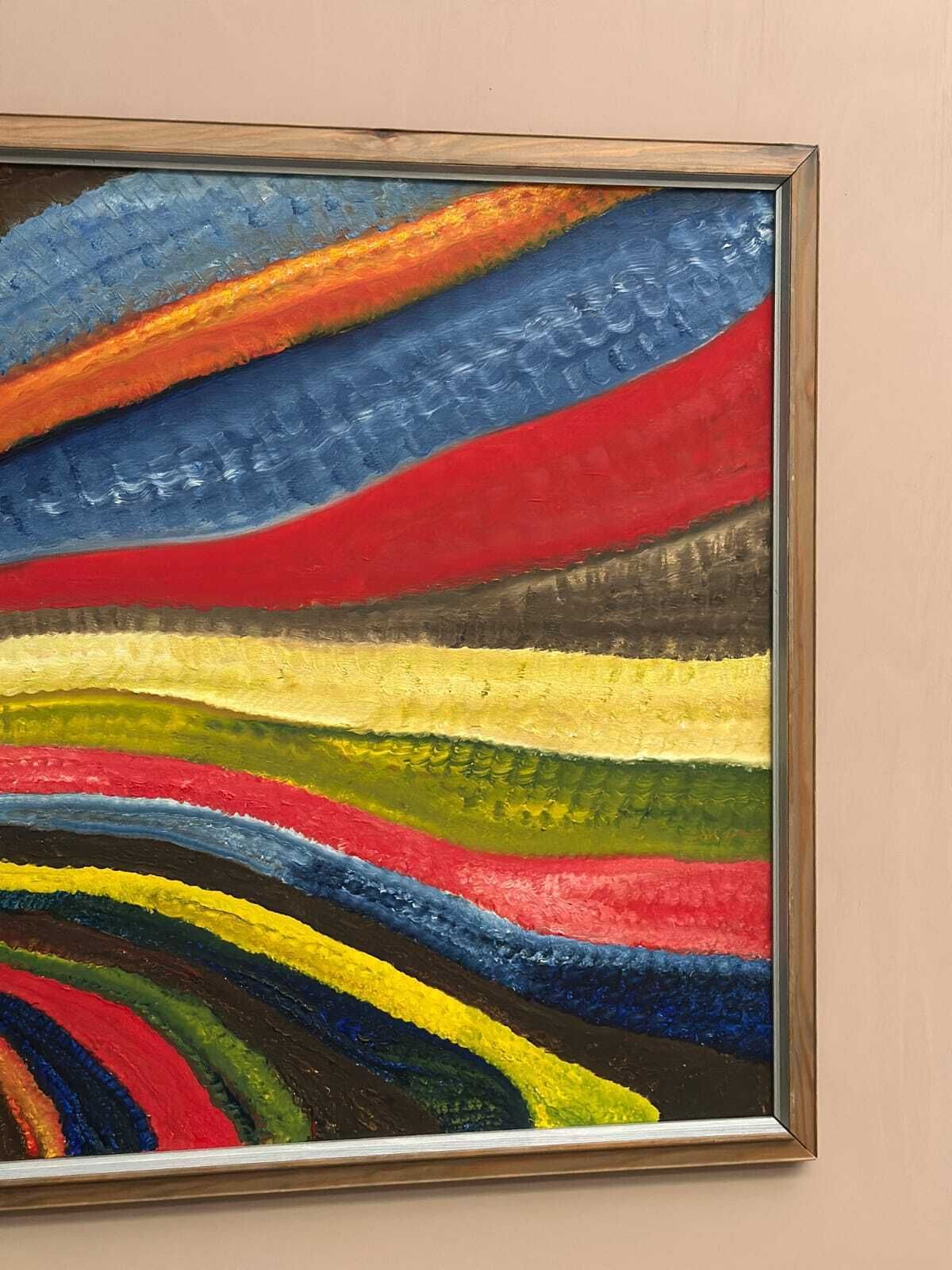 photo vinterior Original Swedish Oil On Canvas – “Fantasia/Färg” By R.C. Reyes – Dated 1990 (Verso)  – Vintage & Framed – 67x 67 Cm (26.3" × 26.3")