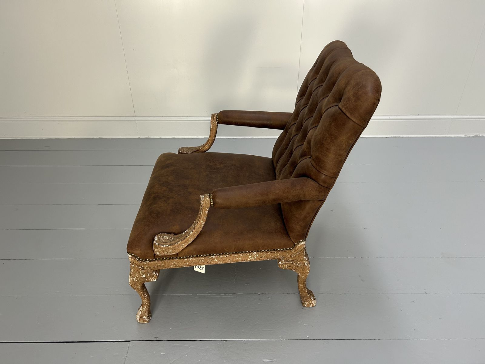 Andrew Martin Buttoned Back Armchair And Stool In Antiqued Brown Leather photo buy