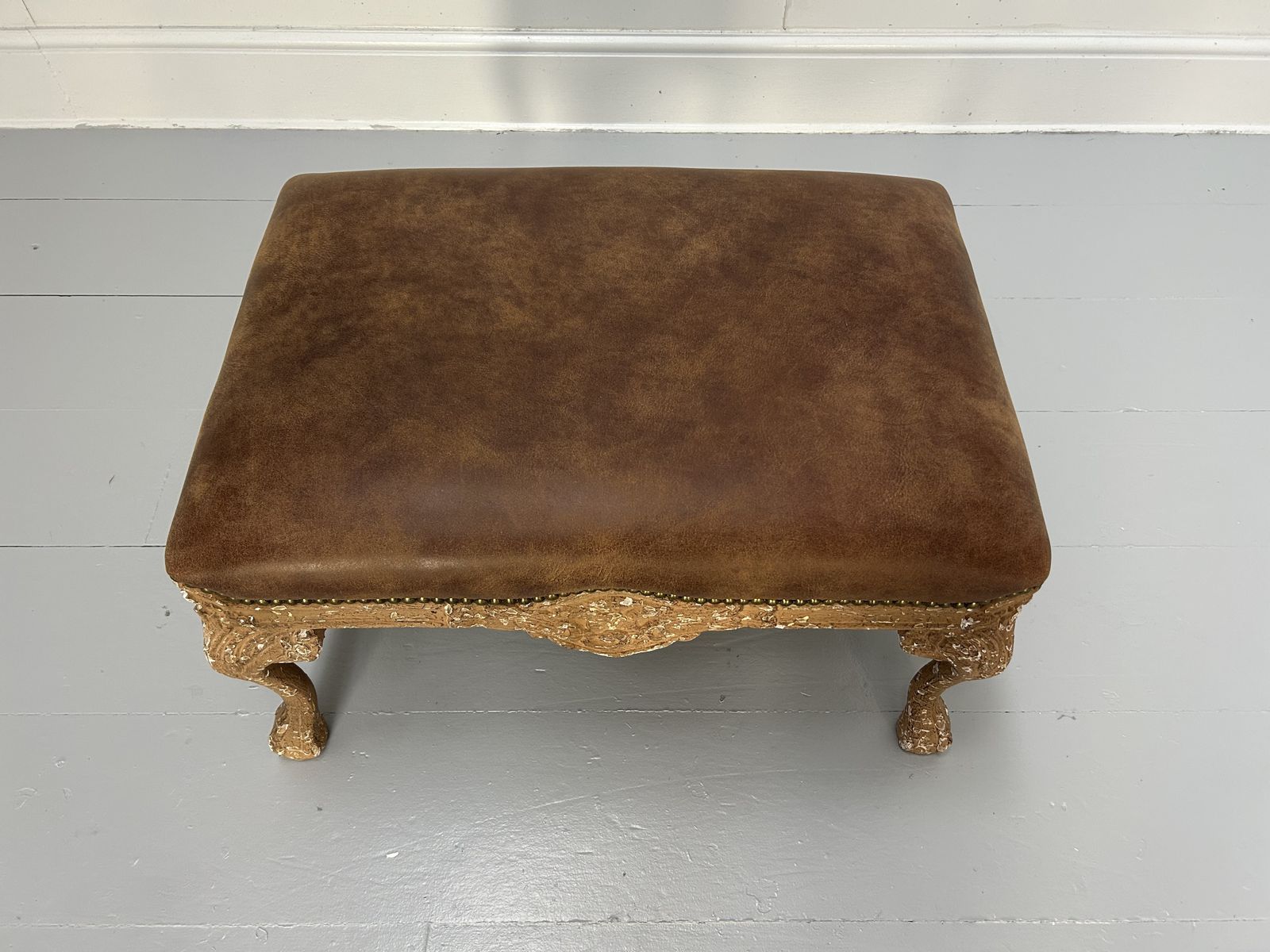 Furniture Andrew Martin Buttoned Back Armchair And Stool In Antiqued Brown Leather photo