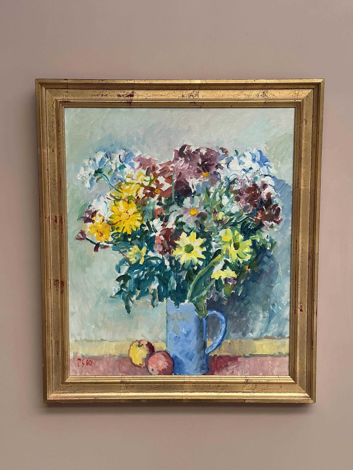 Original Swedish Oil On Canvas – “Still Life With Flowers In Vase” By Jan Sonne (1909 96) 1980 – Vintage & Framed 76 × 65 Cm (29.9" × 25.6") photo for sale