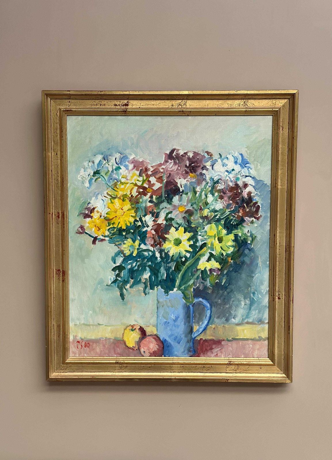 475.0 Original Swedish Oil On Canvas – “Still Life With Flowers In Vase” By Jan Sonne (1909 96) 1980 – Vintage & Framed 76 × 65 Cm (29.9" × 25.6") photo