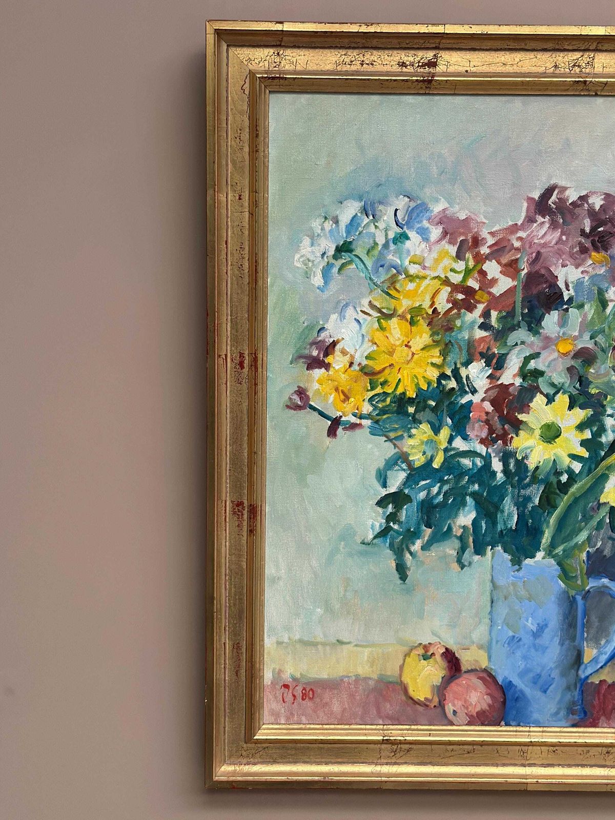 photo vinterior Original Swedish Oil On Canvas – “Still Life With Flowers In Vase” By Jan Sonne (1909 96) 1980 – Vintage & Framed 76 × 65 Cm (29.9" × 25.6")