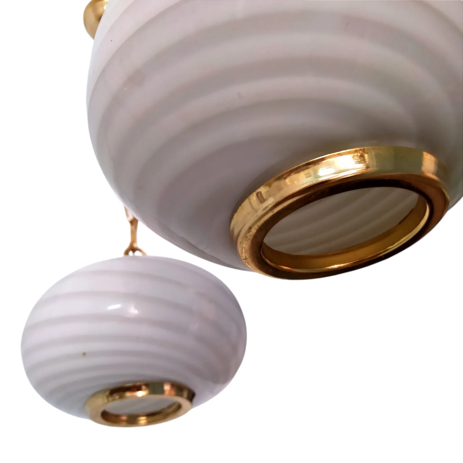photo furniture Pair Of 1960's Murano Swirl Opaline Glass Pendant Lights.