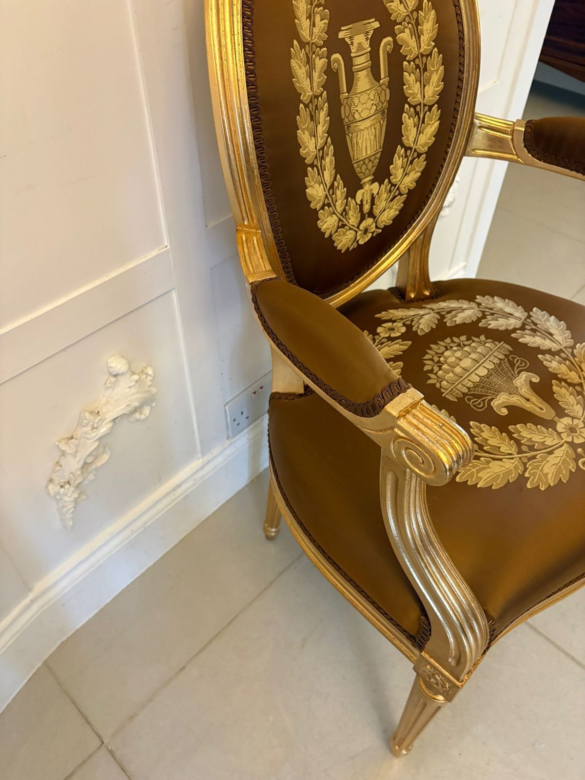 Large Rare Suite Of 42 Matching Louis XVI Style Giltwood Dining Chairs With Silk Damask Upholstery photo for sale