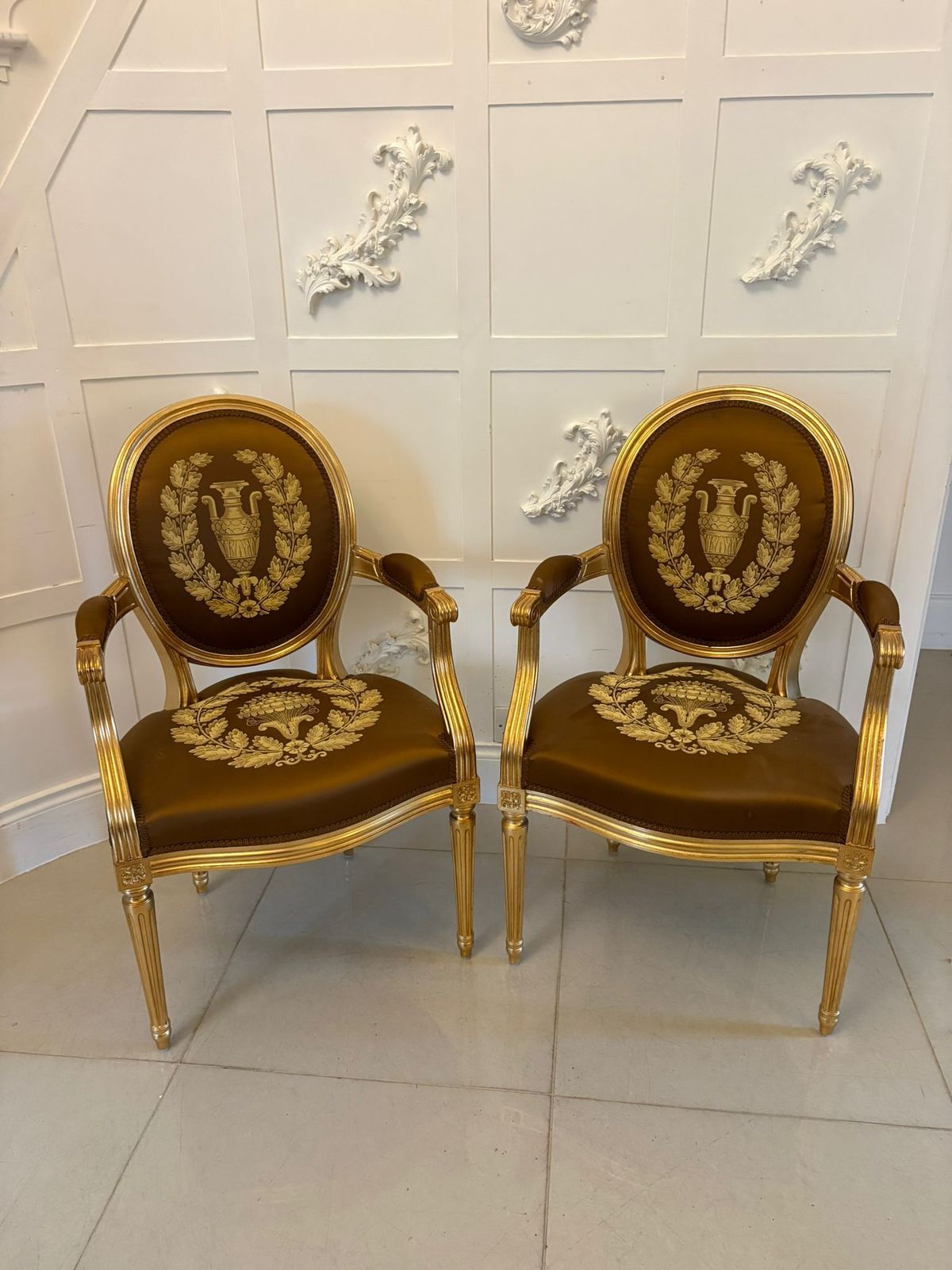 Large Rare Suite Of 42 Matching Louis XVI Style Giltwood Dining Chairs With Silk Damask Upholstery photo buy