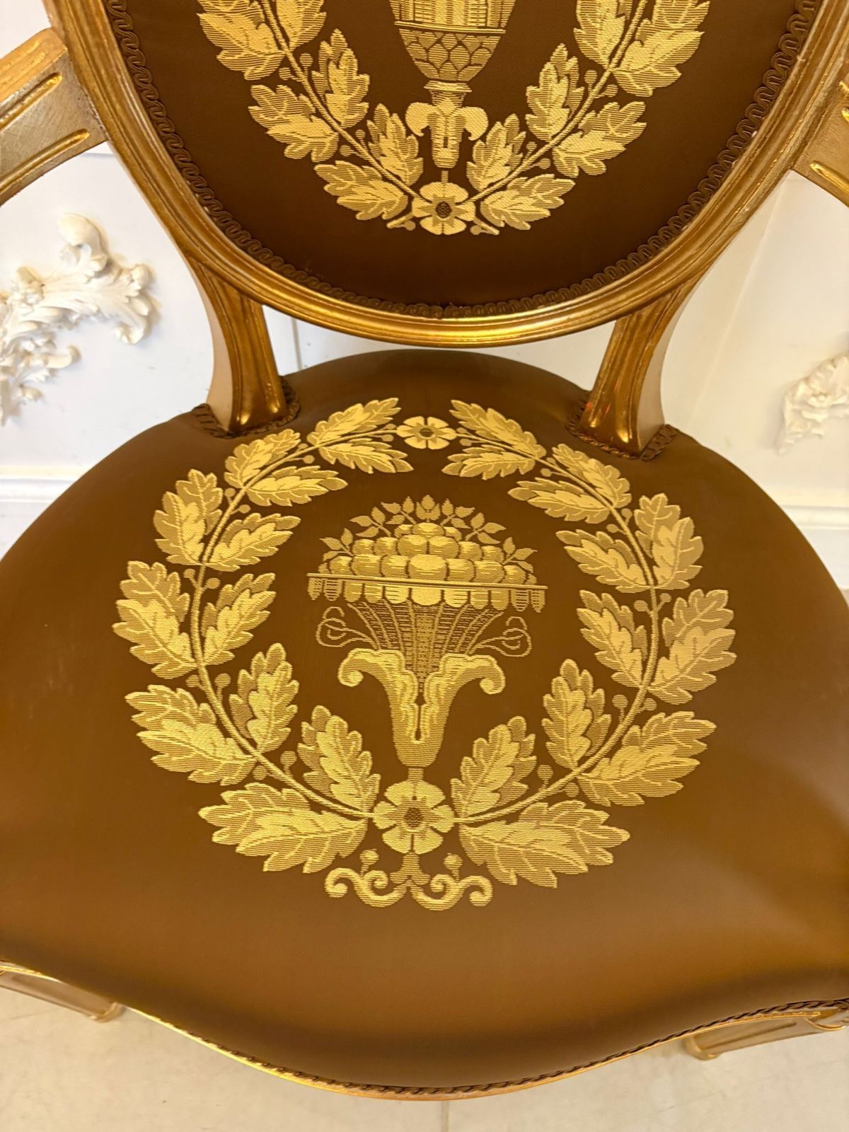 photo furniture Large Rare Suite Of 42 Matching Louis XVI Style Giltwood Dining Chairs With Silk Damask Upholstery