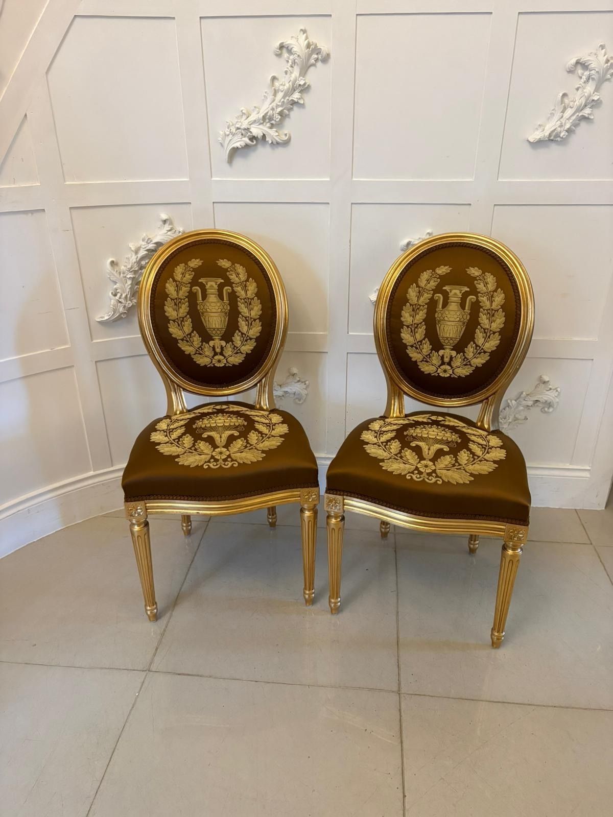 photo vintage Large Rare Suite Of 42 Matching Louis XVI Style Giltwood Dining Chairs With Silk Damask Upholstery
