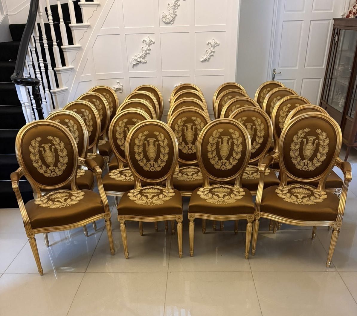 Large Rare Suite Of 42 Matching Louis XVI Style Giltwood Dining Chairs With Silk Damask Upholstery